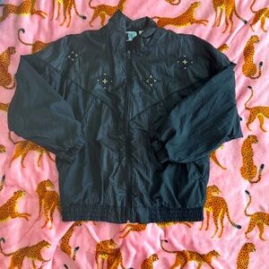 Vintage 80s Black  Windbreaker Jacket with Gold Stars, shoulder pads size m